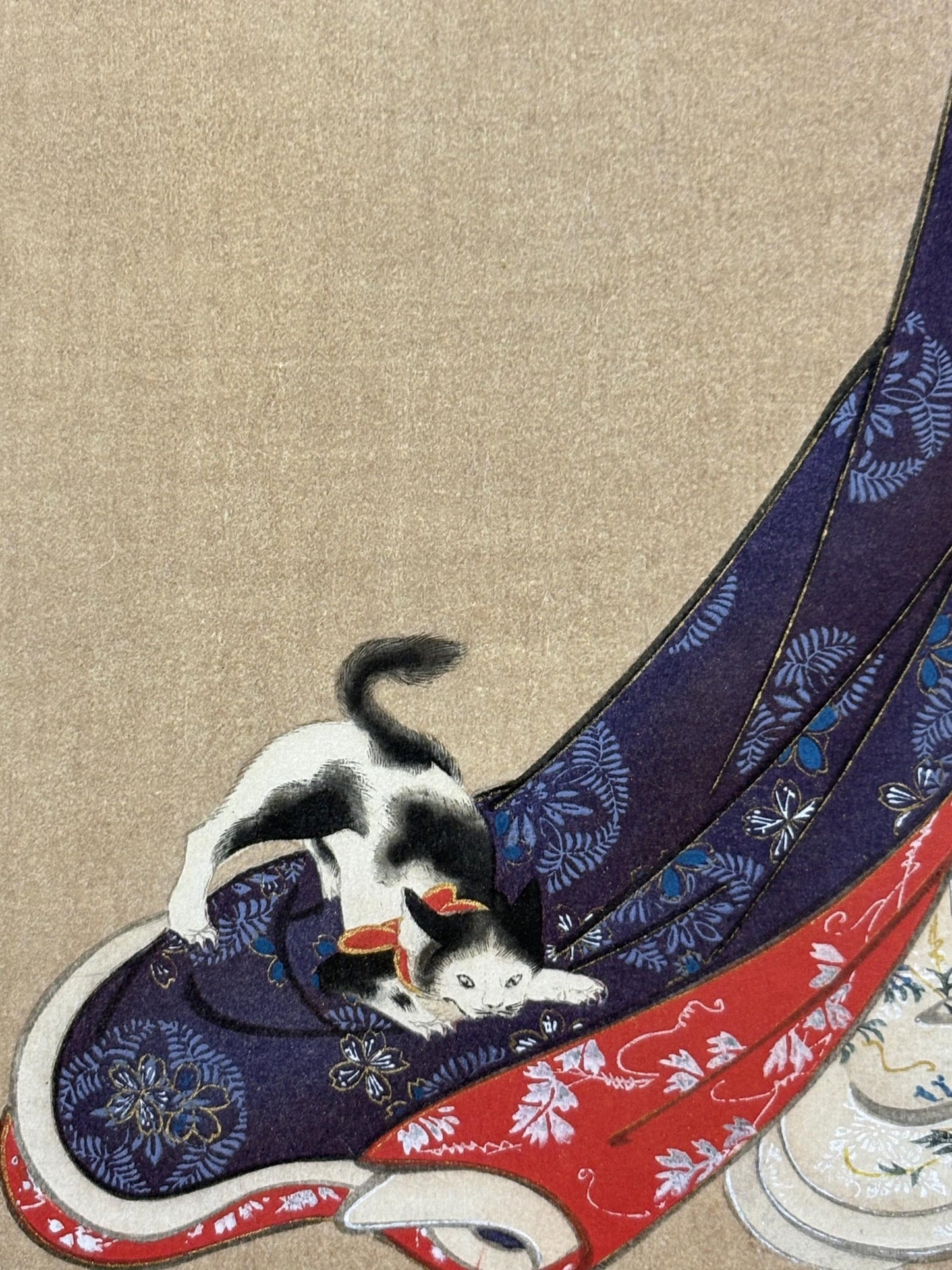 1906, Japanese antique woodblock print, Katsukawa Shunsho, "花下戯猫図", from Ukiyoe-ha-gashu.