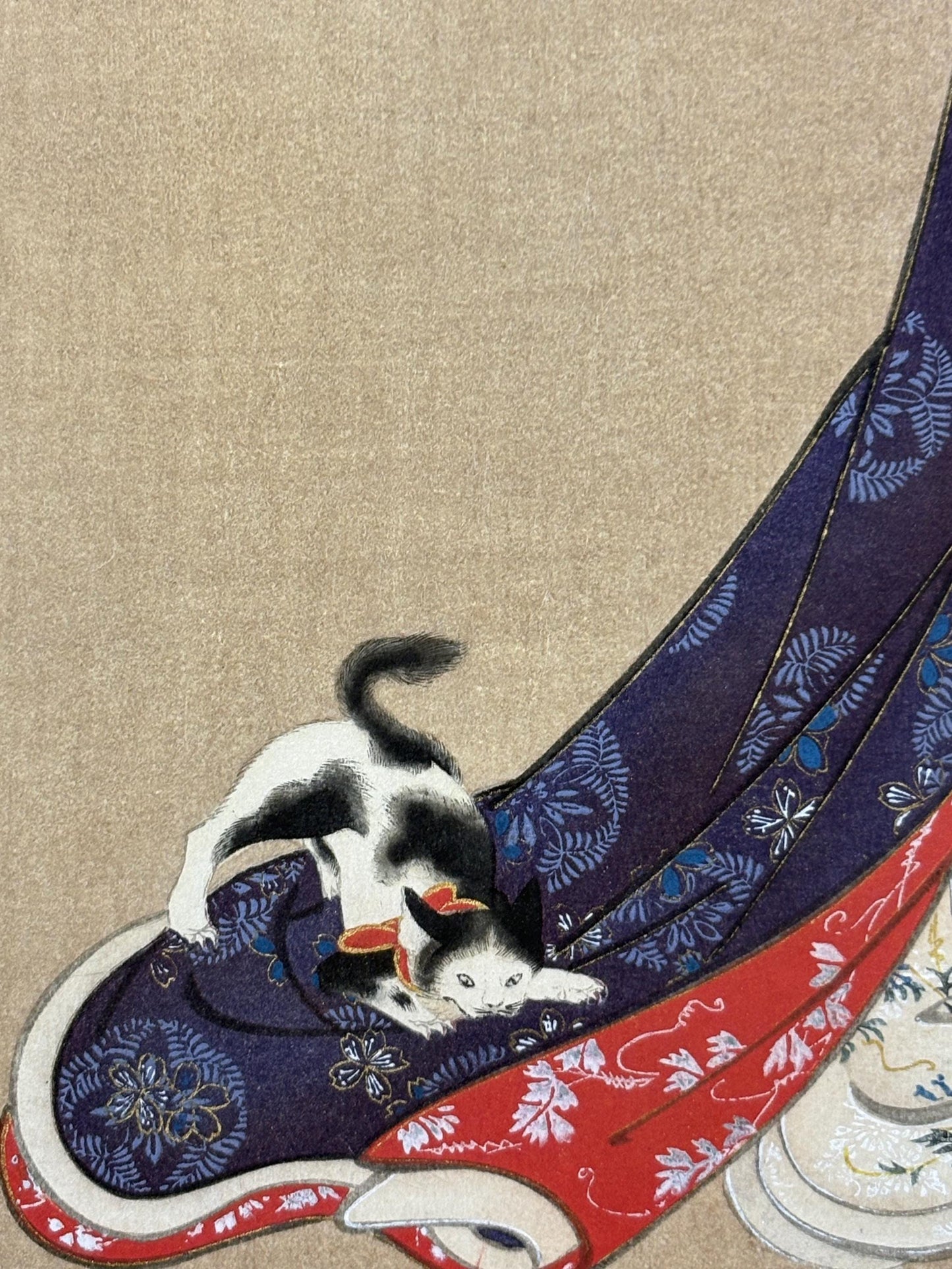 1906, Japanese antique woodblock print, Katsukawa Shunsho, "花下戯猫図", from Ukiyoe-ha-gashu.