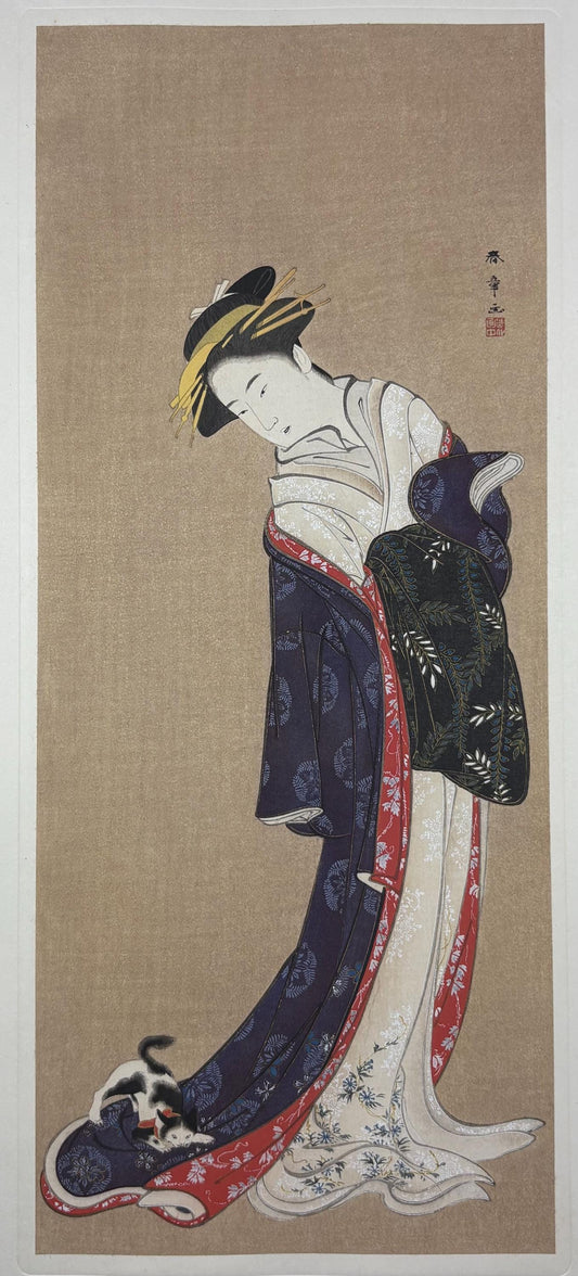 1906, Japanese antique woodblock print, Katsukawa Shunsho, "花下戯猫図", from Ukiyoe-ha-gashu.