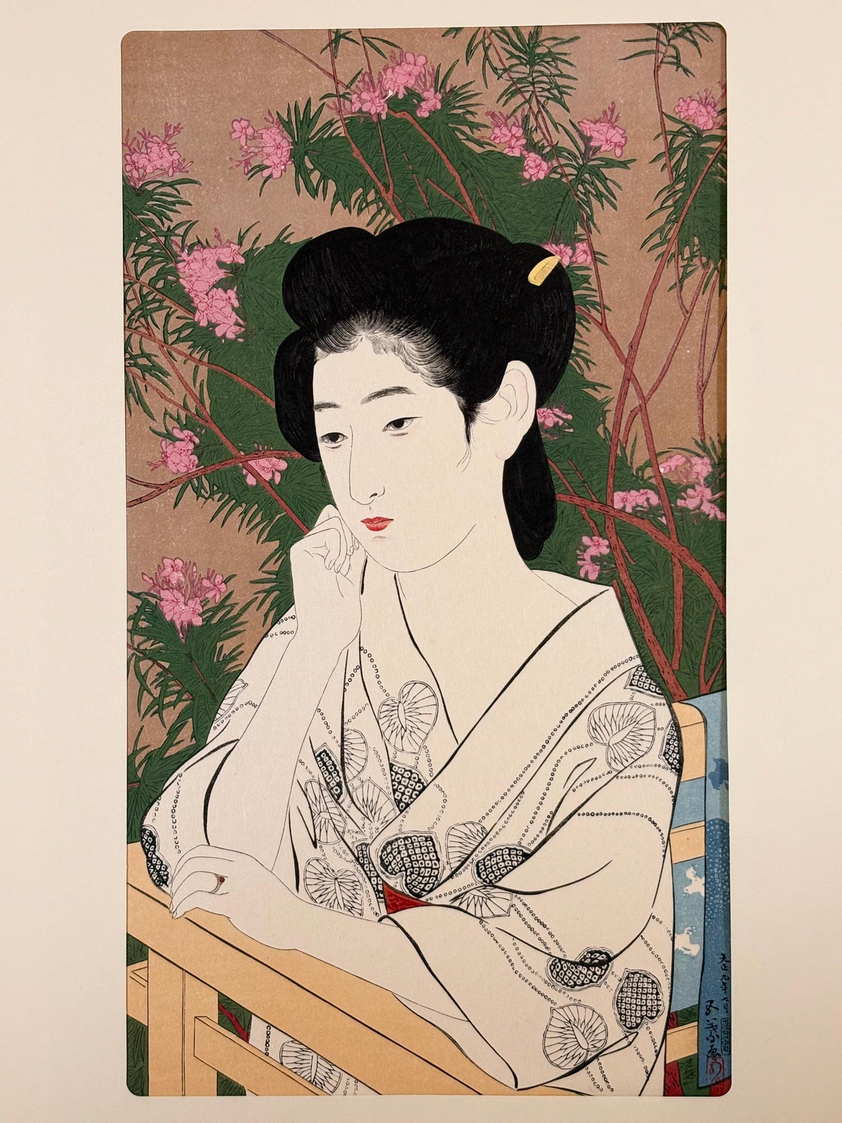 Japanese Ukiyoe, Shin-hanga, Woodblock print, antique, Hashiguchi Goyo, "Woman Standing Before a Blossoming Peach Tree"