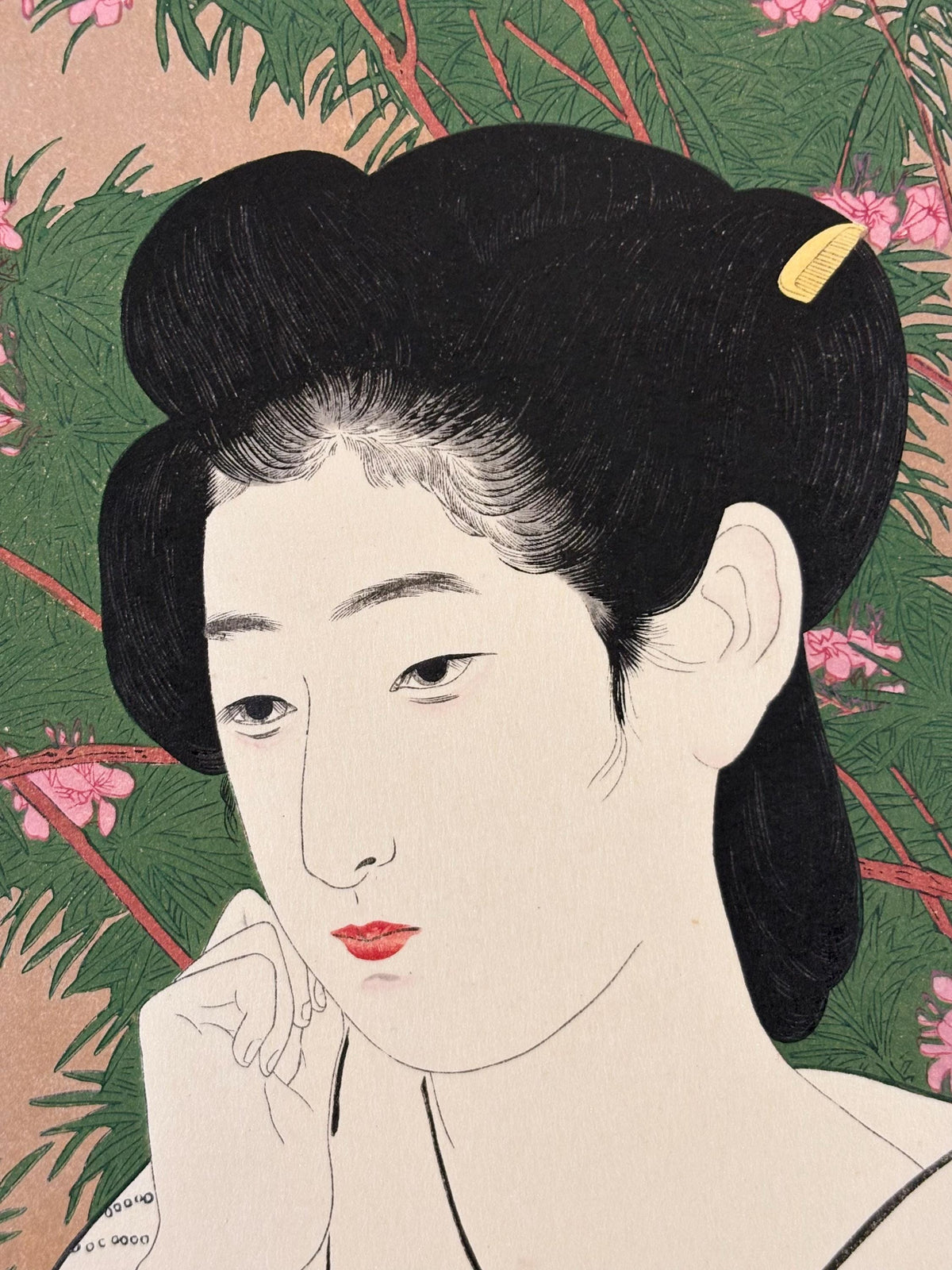 Japanese Ukiyoe, Shin-hanga, Woodblock print, antique, Hashiguchi Goyo, "Woman Standing Before a Blossoming Peach Tree"