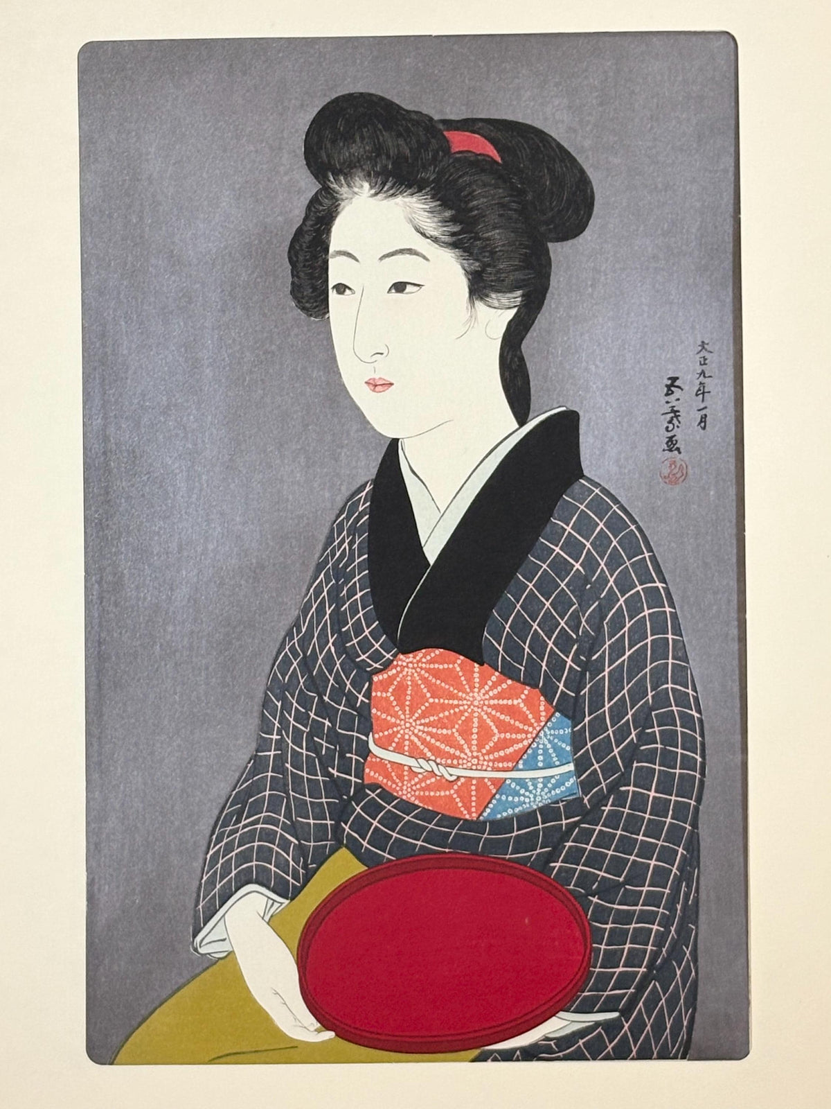 Japanese Ukiyoe, Shin-Hanga, Woodblock print, Hashiguchi Goyo, "Woman Holding a Tray"