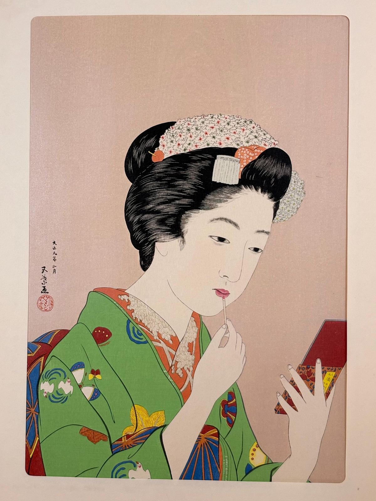 Japanese Ukiyoe, Shin-hanga, Woodblock print, antique, Hashiguchi Goyo, "Lady and Lip Stick"