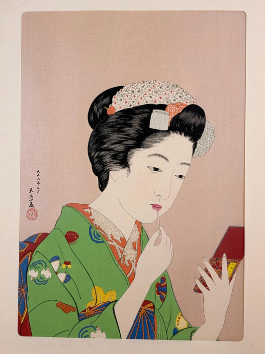 Japanese Ukiyoe, Shin-hanga, Woodblock print, antique, Hashiguchi Goyo, "Lady and Lip Stick"