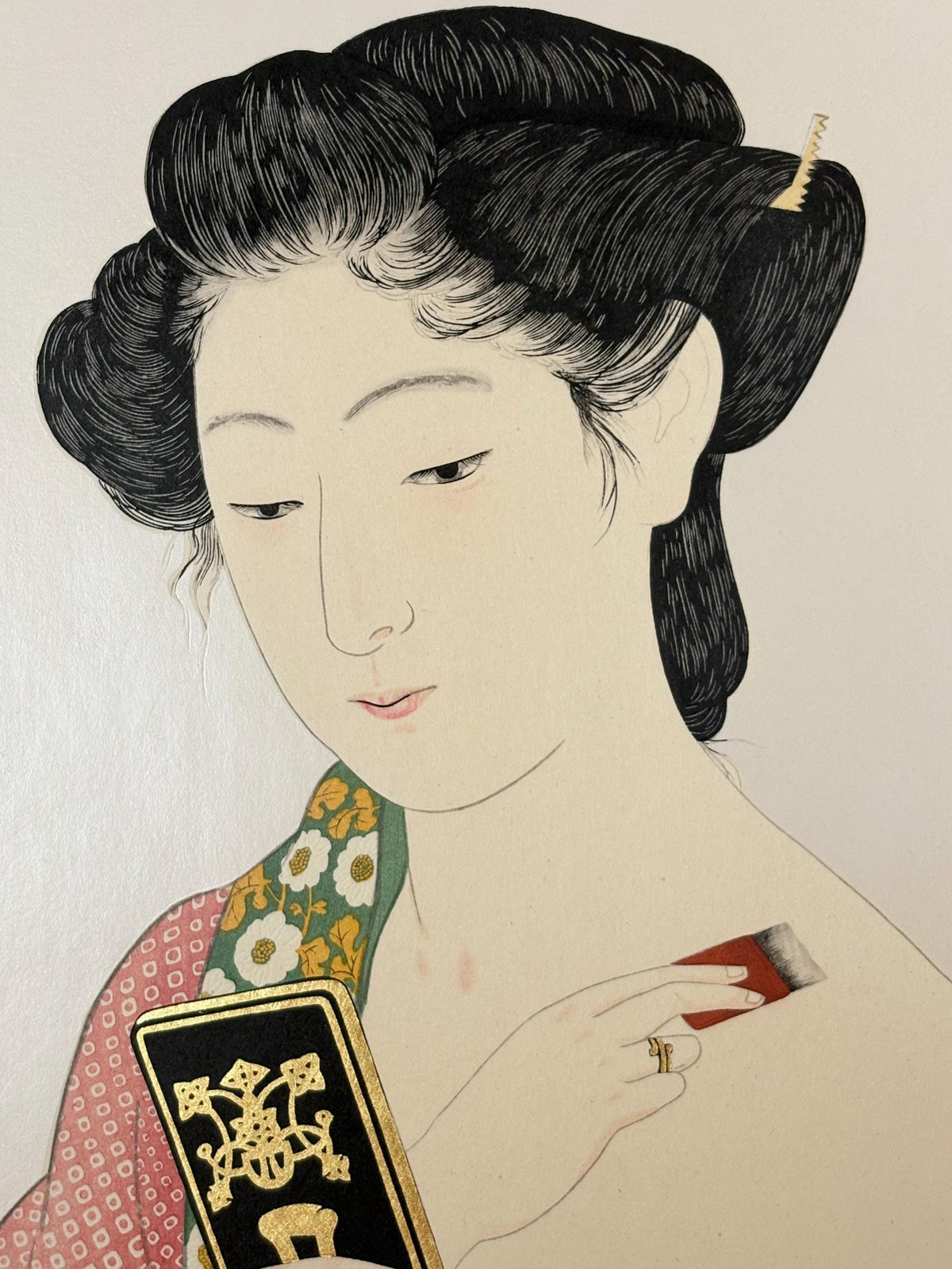 Japanese Ukiyoe, Shin-hanga, Woodblock print, antique, Hashiguchi Goyo, "Woman Applying Makeup- Kesho no Onna"