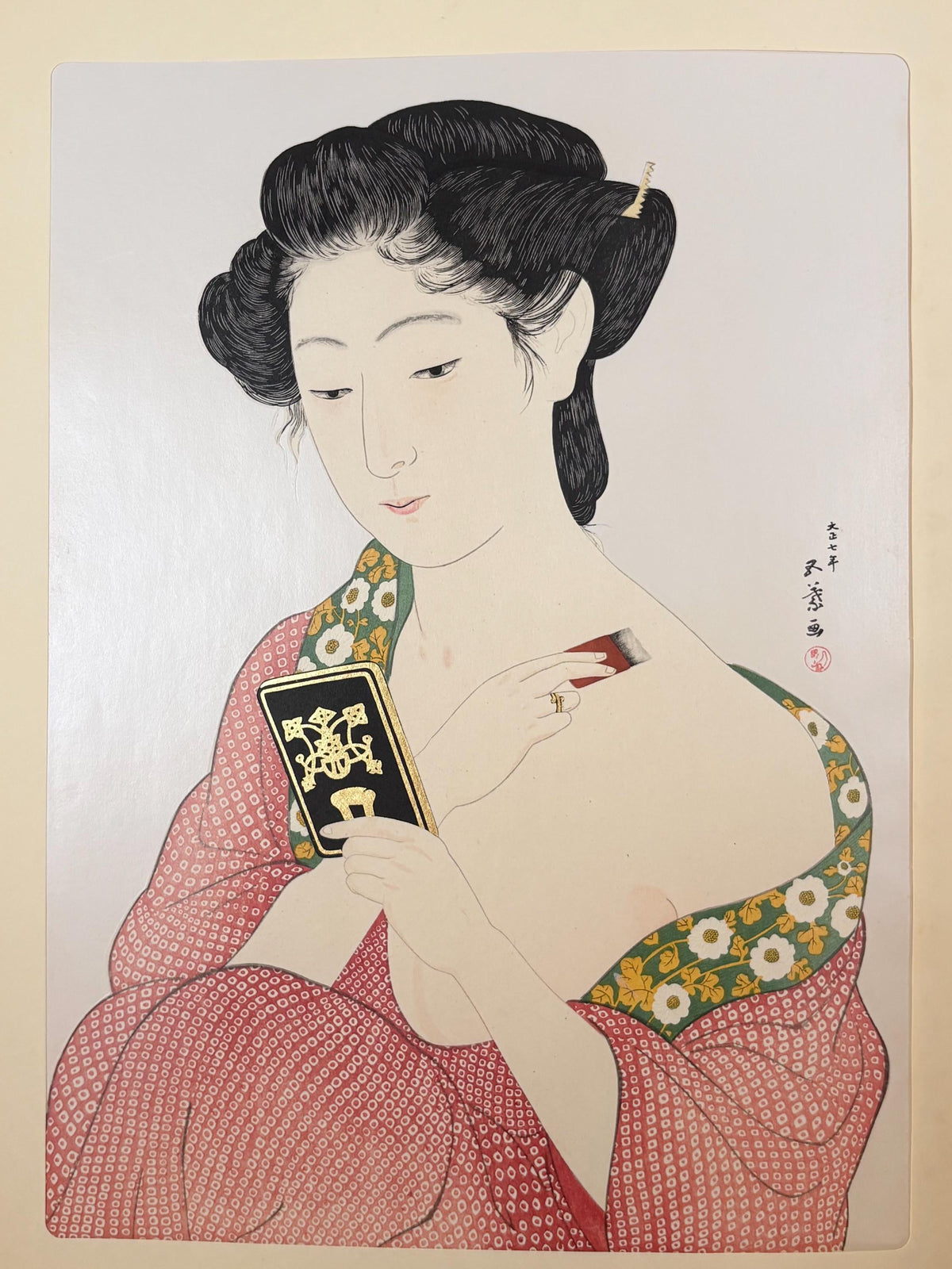 Japanese Ukiyoe, Shin-hanga, Woodblock print, antique, Hashiguchi Goyo, "Woman Applying Makeup- Kesho no Onna"