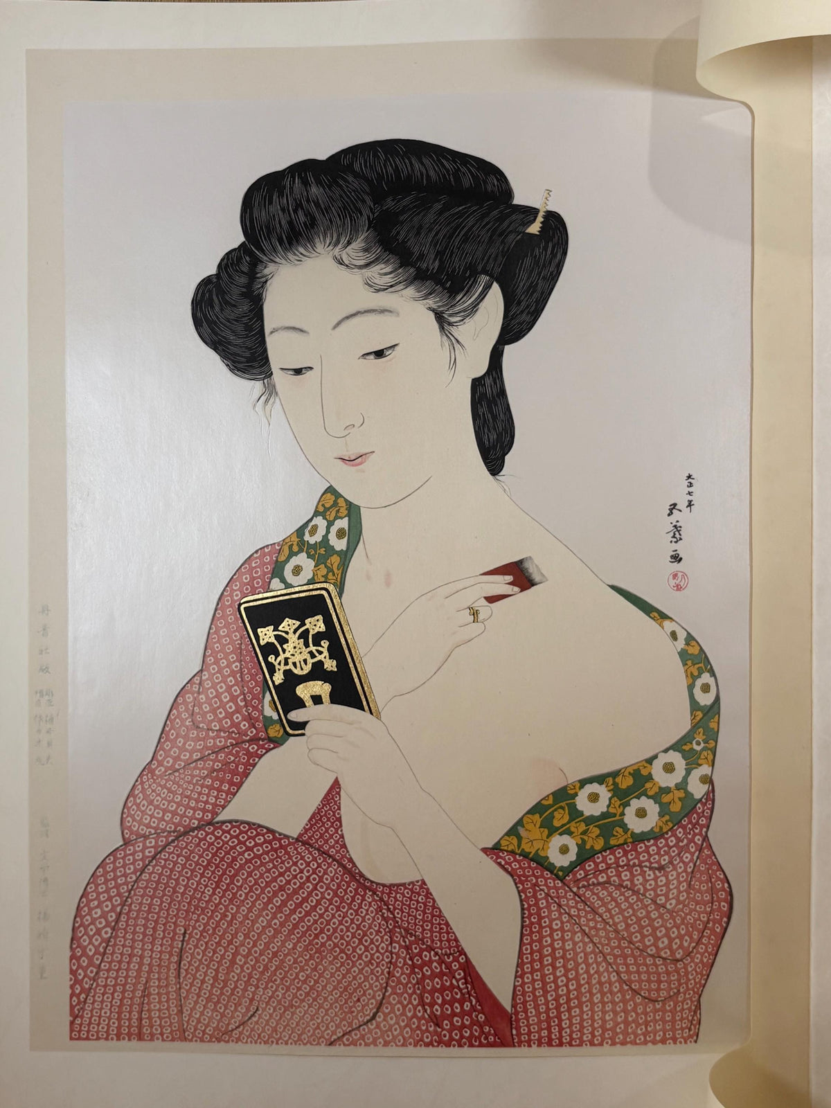 Japanese Ukiyoe, Shin-hanga, Woodblock print, antique, Hashiguchi Goyo, "Woman Applying Makeup- Kesho no Onna"