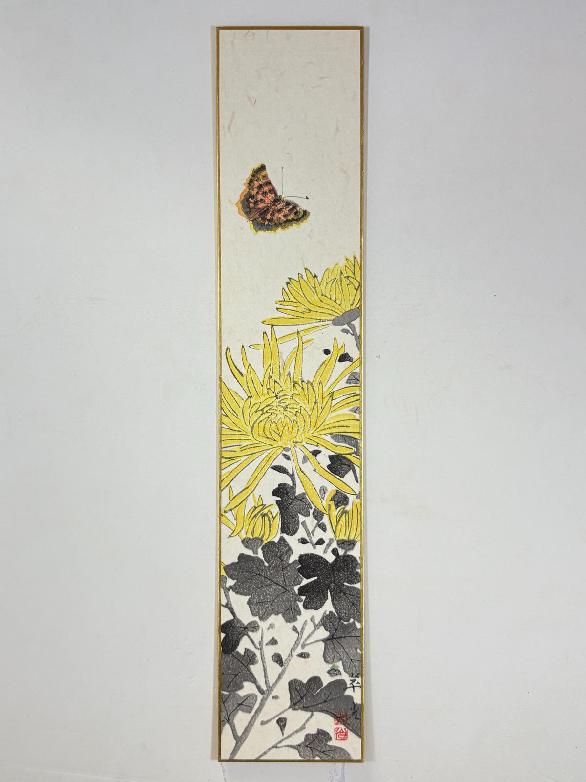 Japanese woodblock print, Fukuda Suiko,"Chrysanthemum and  Butterfly"
