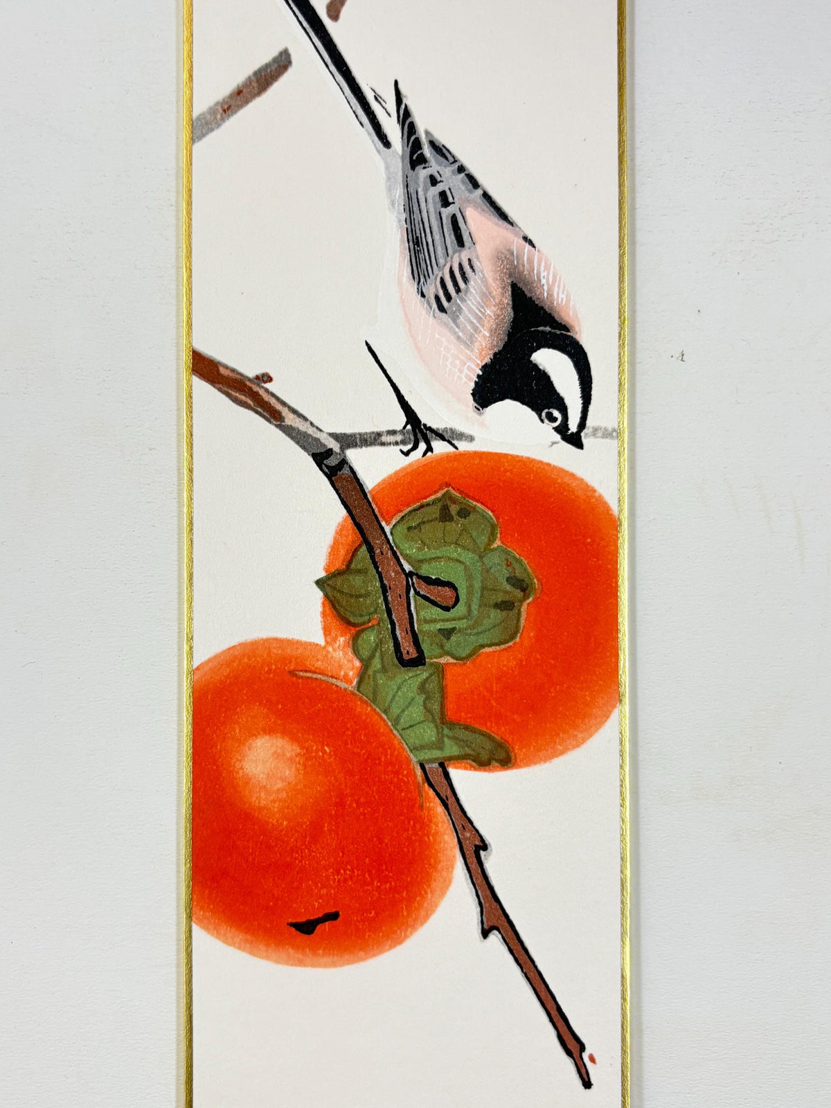 Japanese woodblock print, Fukuda Suiko," Persimmon and Long-tailed Tit"