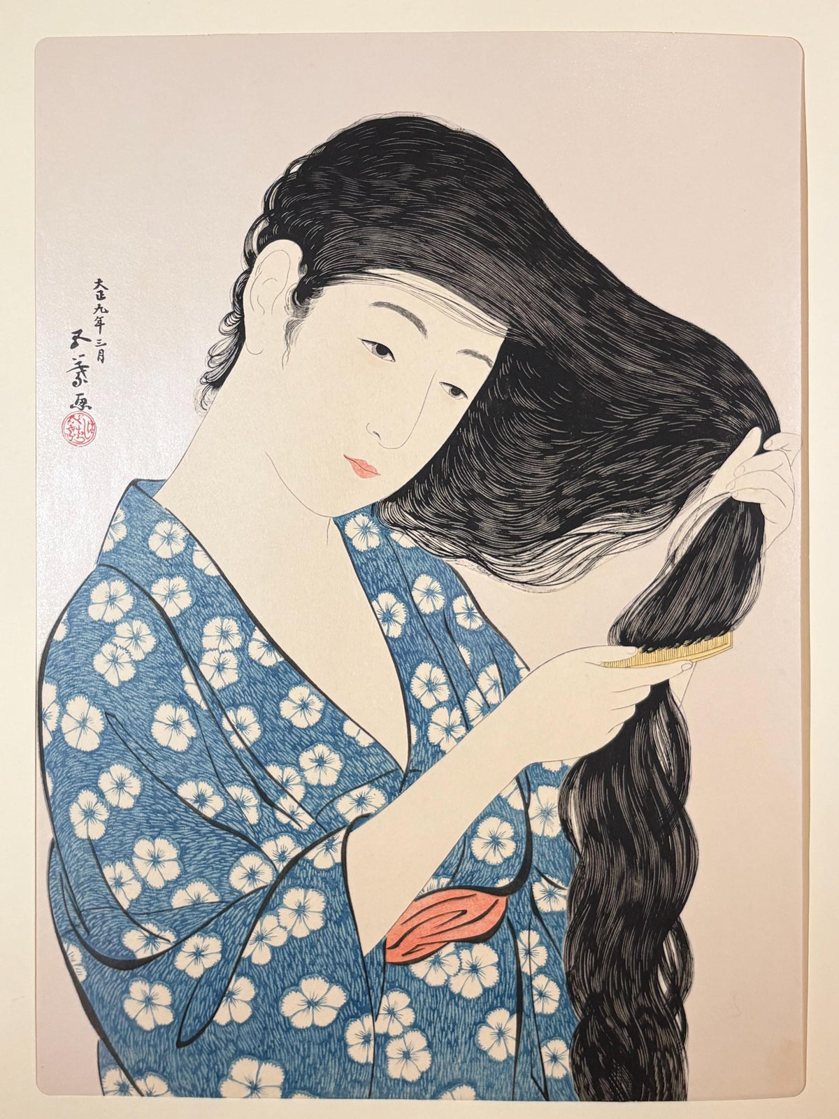 Japanese Ukiyoe, Shin-Hanga, Woodblock print, Hashiguchi Goyo, "Woman Combing her Hair"