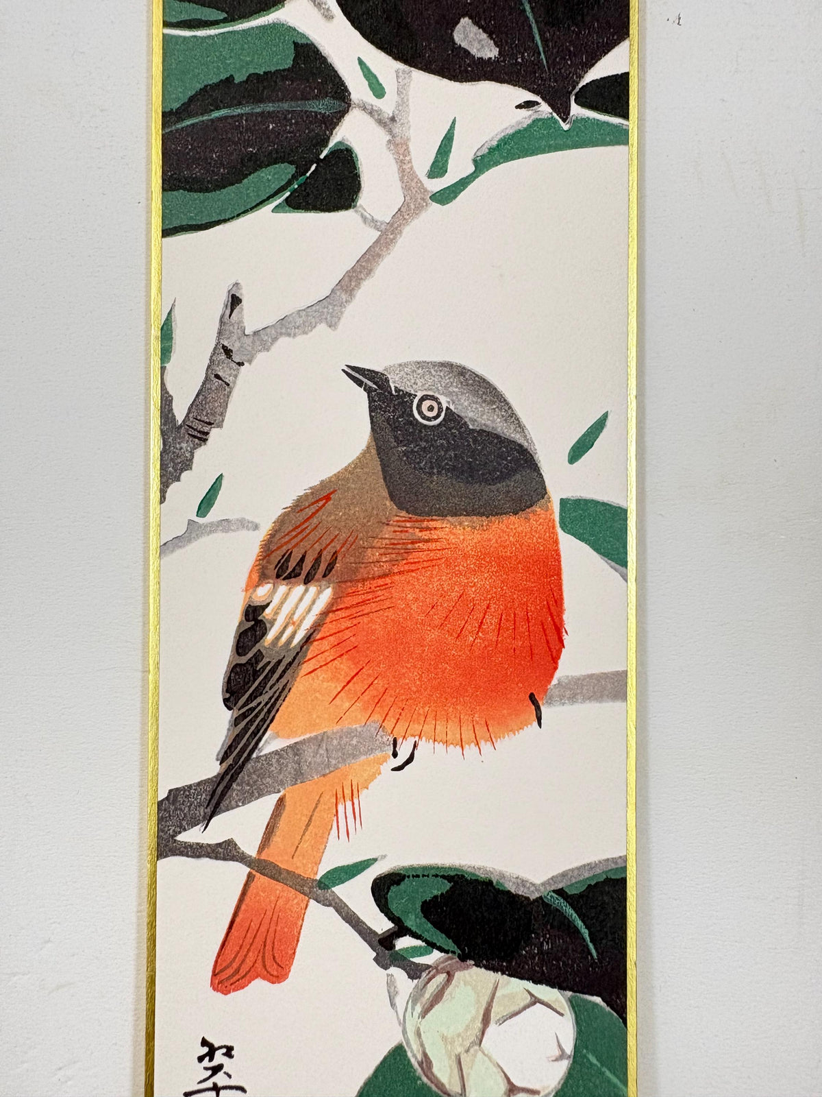 Japanese woodblock print, Fukuda Suiko,"White-flowered camellia and White-eye"