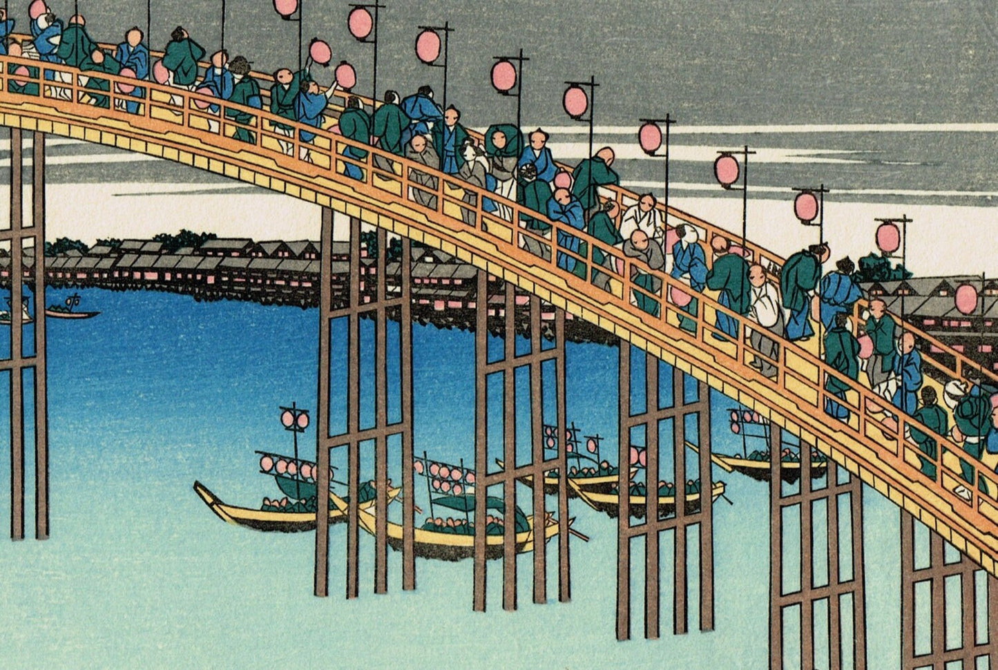 Japanese Ukiyo-e Woodblock print, Hokusai, "The Tenman Bridge in Settsu Province"