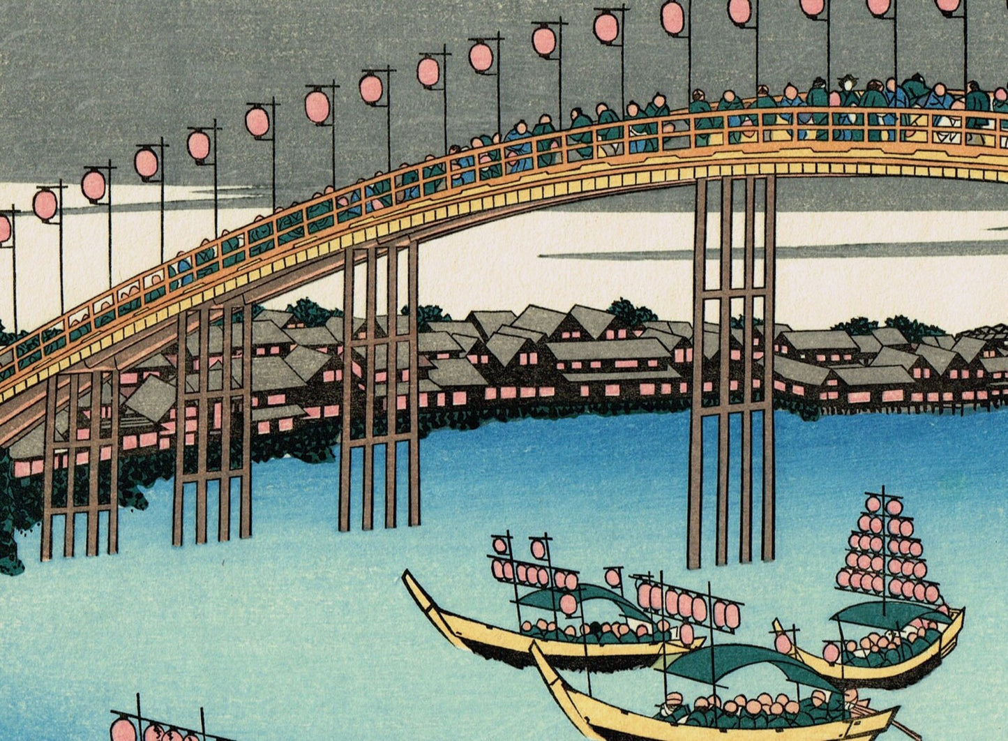 Japanese Ukiyo-e Woodblock print, Hokusai, "The Tenman Bridge in Settsu Province"