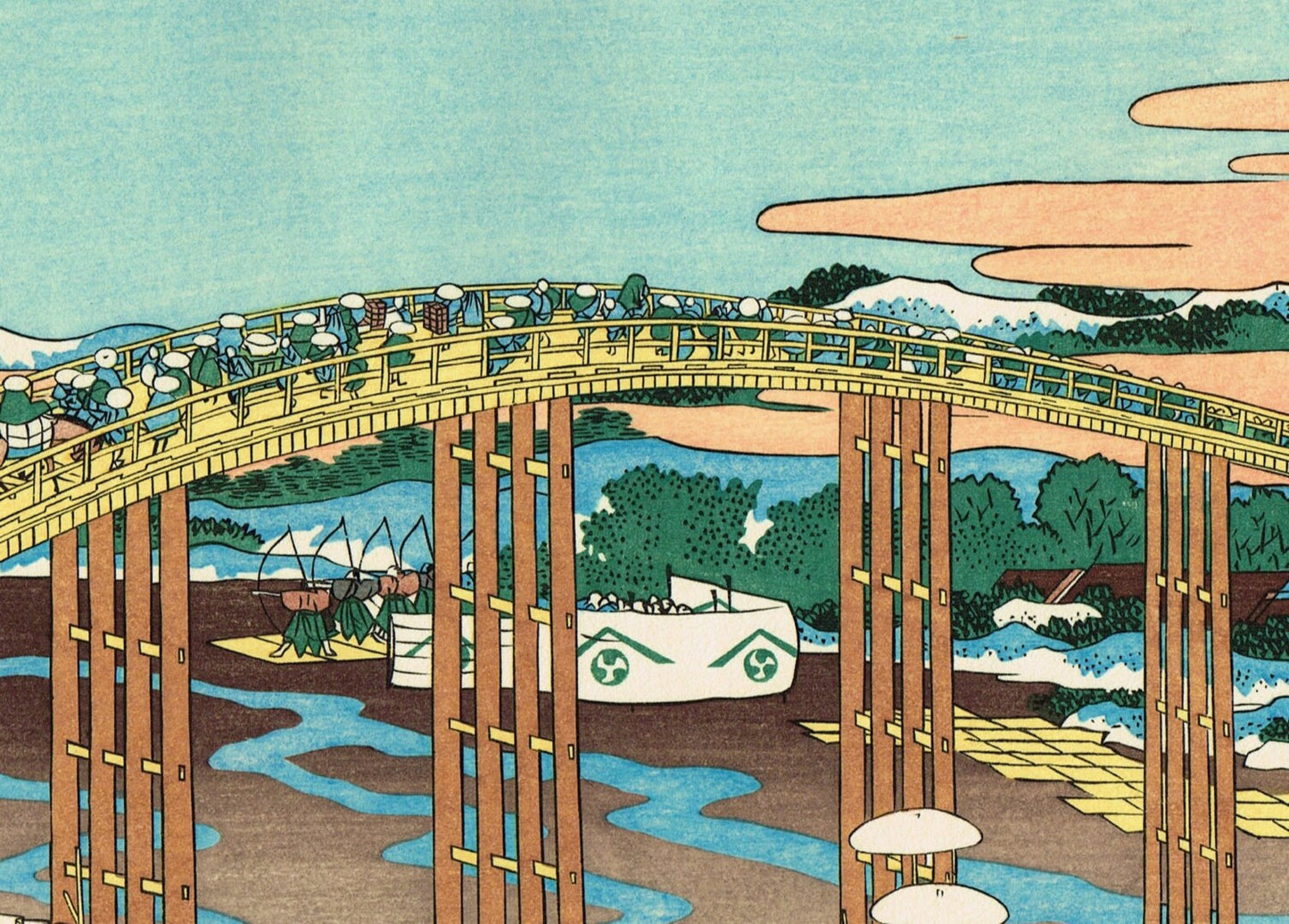 Japanese Ukiyo-e Woodblock print, Hokusai, "Yahagi Bridge at Okazaki on the Tôkaidô Road"