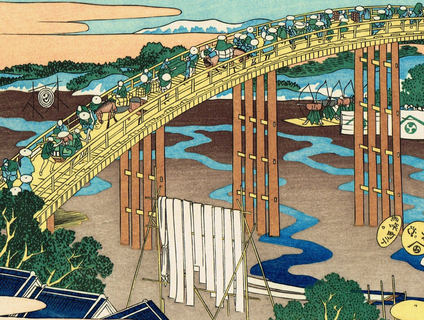 Japanese Ukiyo-e Woodblock print, Hokusai, "Yahagi Bridge at Okazaki on the Tôkaidô Road"