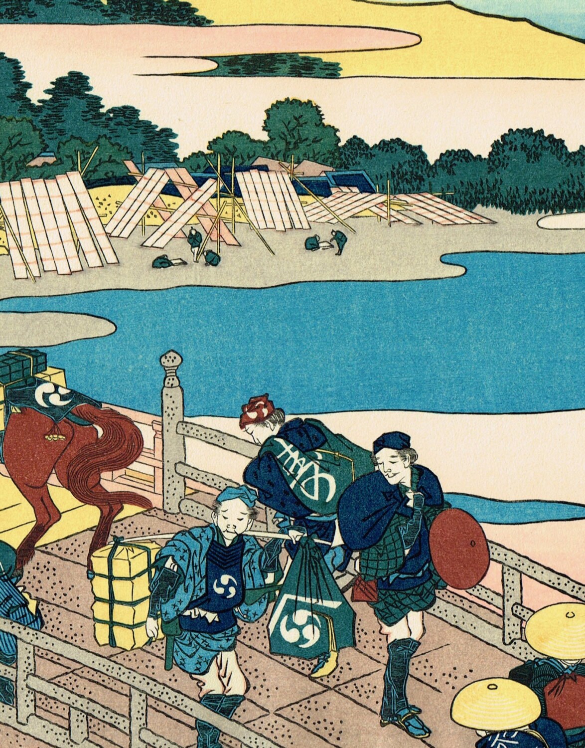 Japanese Ukiyo-e Woodblock print, Hokusai, "Fukui Bridge in Echizen Province "