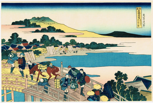 Japanese Ukiyo-e Woodblock print, Hokusai, "Fukui Bridge in Echizen Province "