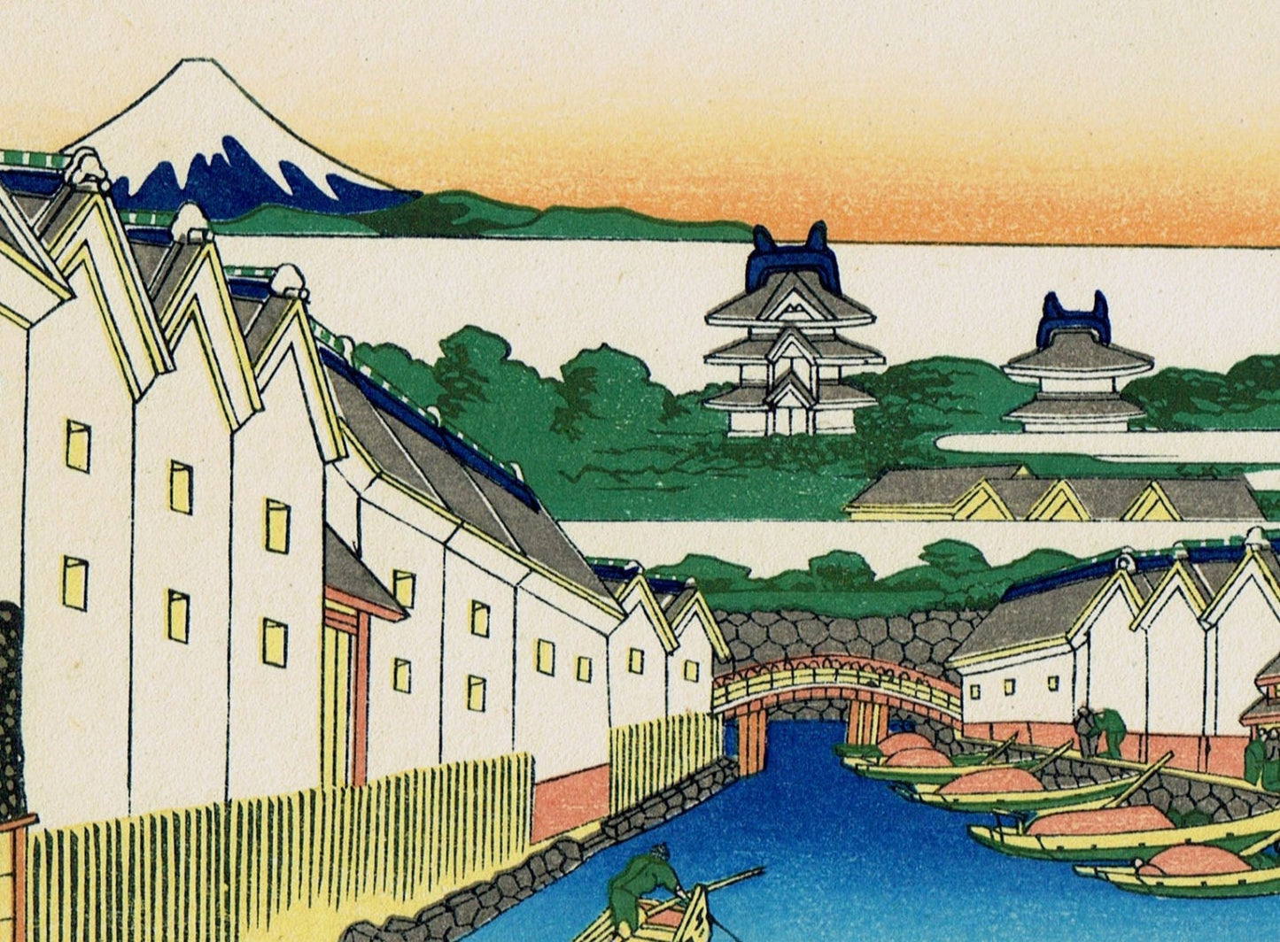 Japanese Ukiyo-e Woodblock print, Katsushika Hokusai, "Nihonbashi bridge in Edo, from the series Thirty-six Views of Mount Fuji"