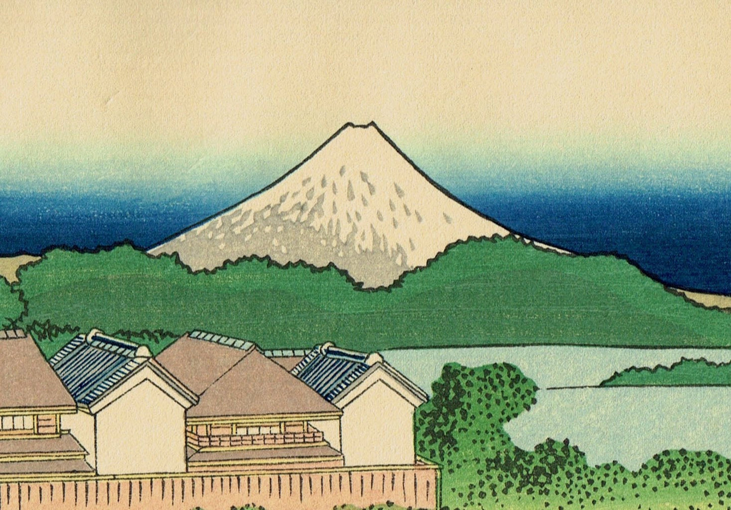 Japanese Ukiyo-e Woodblock print, Katsushika Hokusai, "Pleasure District at Senju, from the series Thirty-six Views of Mount Fuji"