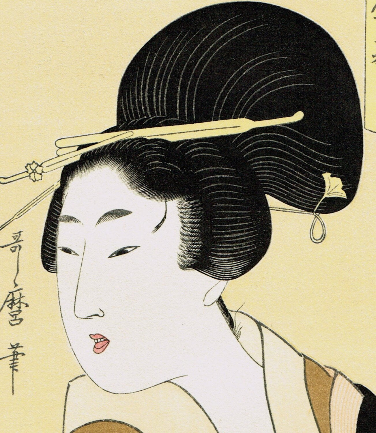 Japanese Ukiyo-e Woodblock print, Utamaro, "One of 12 Beauties"