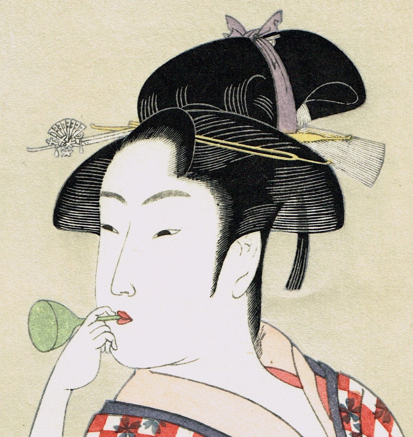 Japanese Ukiyo-e Woodblock print, Utamaro, "A Woman playing a Poppin"