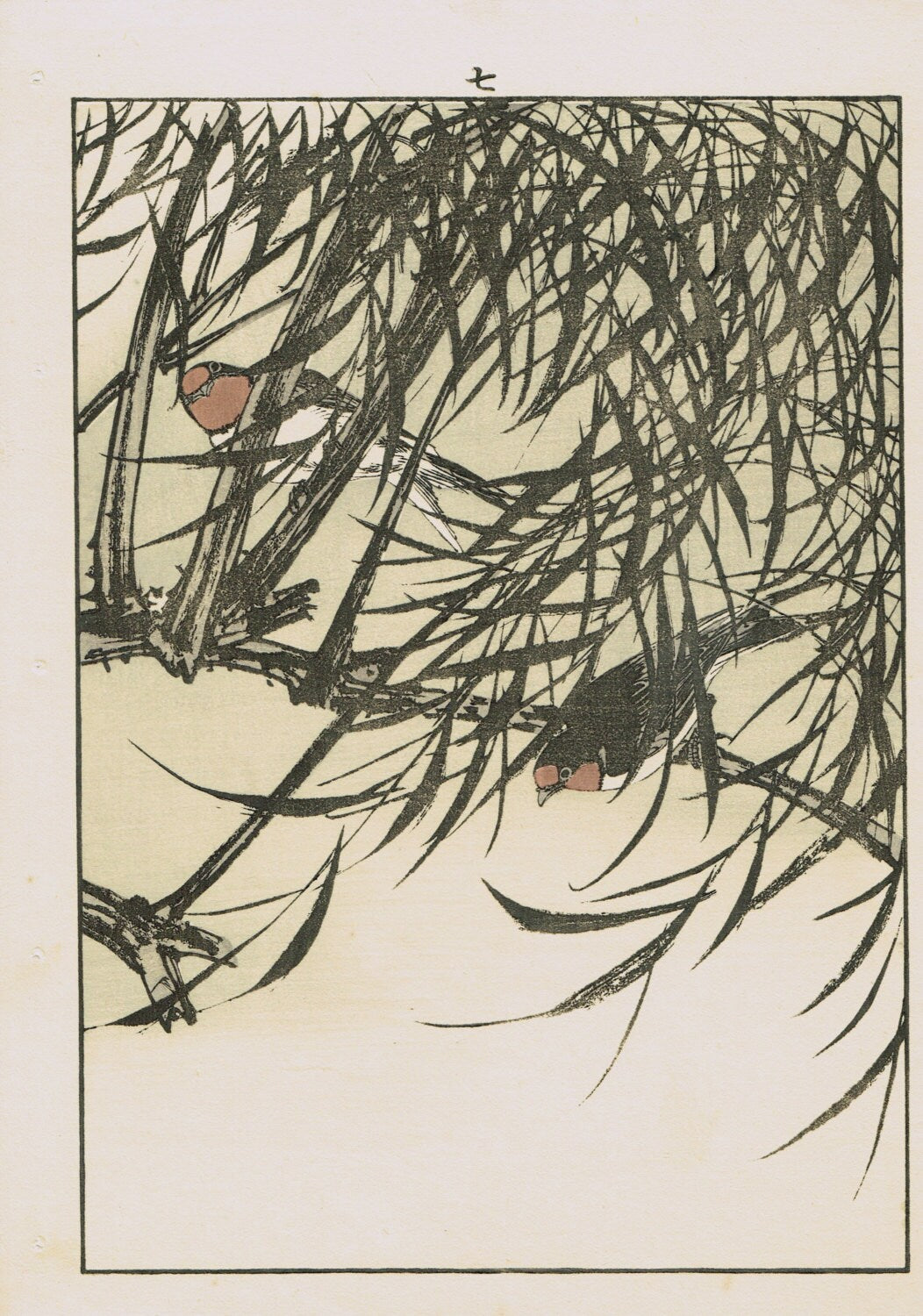 Japanese Antique Original Woodcut Print, Imao Keinen, "Willow, Swallow"