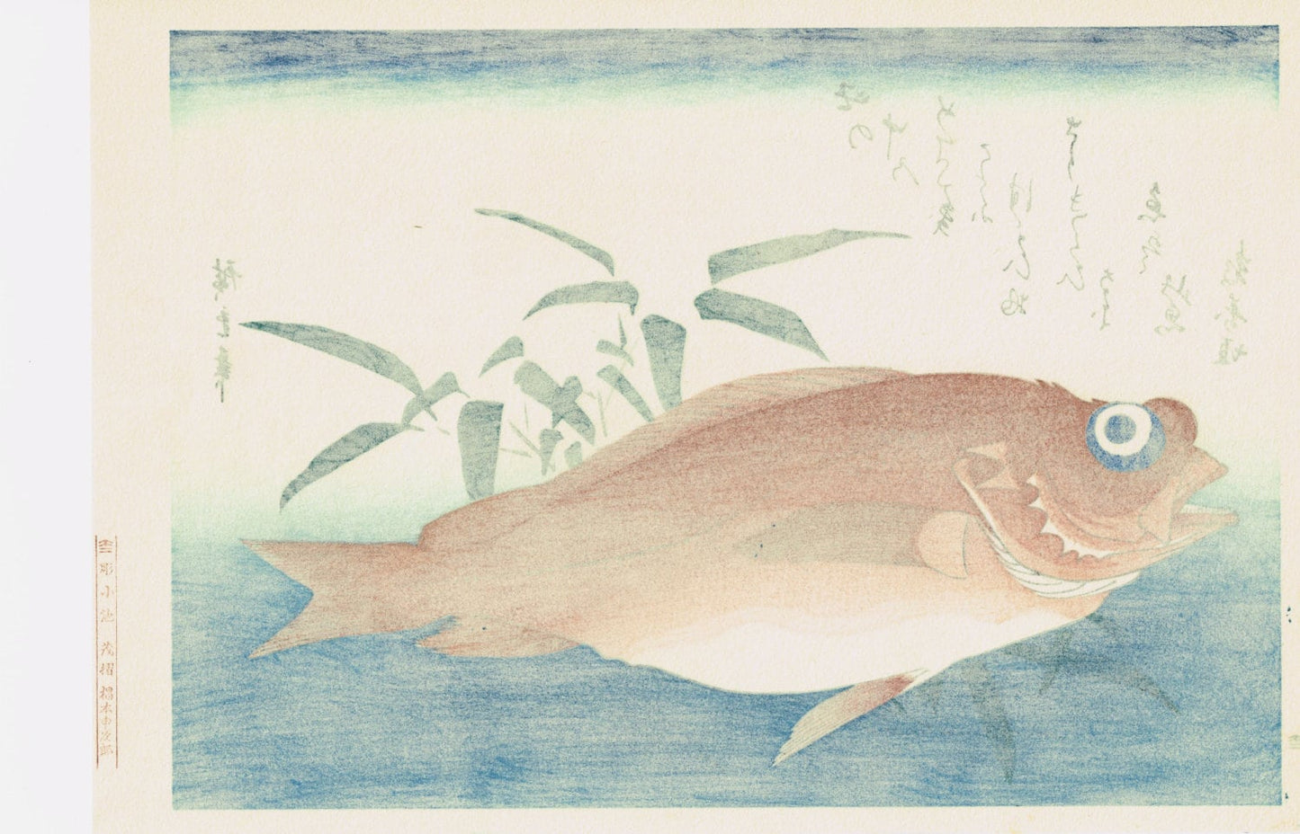 Japanese Ukiyoe, Woodblock print, antique, Hiroshige, "Goggle-eyed Sea Bream and Bamboo Grass"