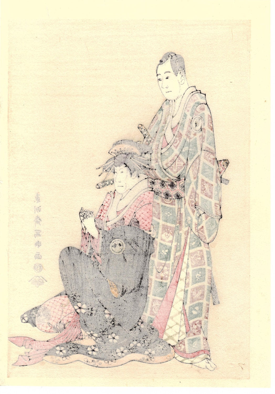 Japanese Ukiyo-e Woodblock print, Sharaku, "Sagawa Kikunojo III as the Courtesan Katsuragi,and Sawamura Sojuro"