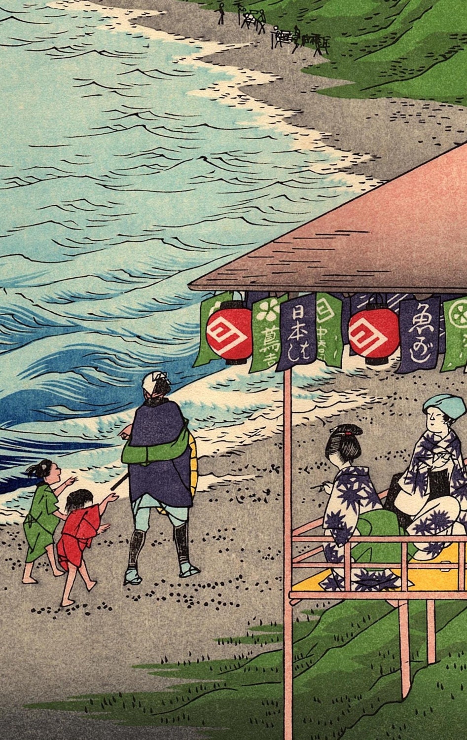 Woodblock print, Japanese Ukiyoe, Hiroshige, "Seven-Mile Beach in Sagami Province", Thirty-six Views of Mount Fuji .