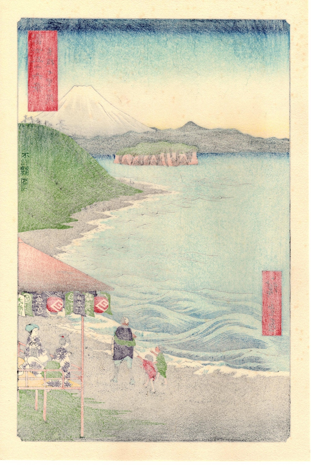 Woodblock print, Japanese Ukiyoe, Hiroshige, "Seven-Mile Beach in Sagami Province", Thirty-six Views of Mount Fuji .