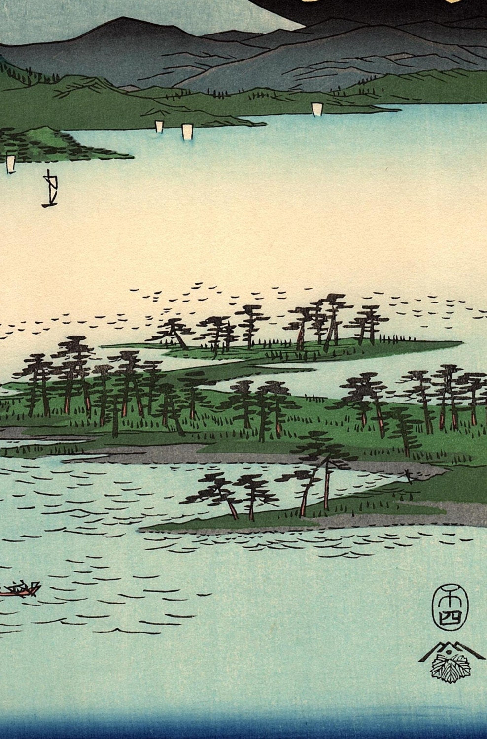 Woodblock print, Japanese Ukiyoe, Hiroshige, "Pine Beach at Miho in Suruga Province", Thirty-six Views of Mount Fuji .