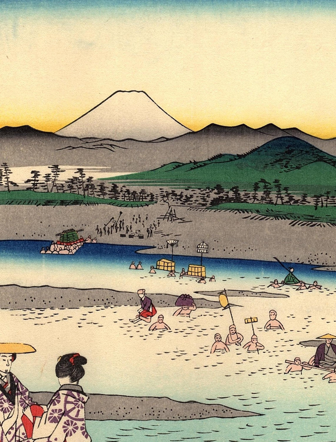 Woodblock print, Japanese Ukiyoe, Hiroshige, "The Ôi River between Suruga and Tôtômi Provinces", Thirty-six Views of Mount Fuji .