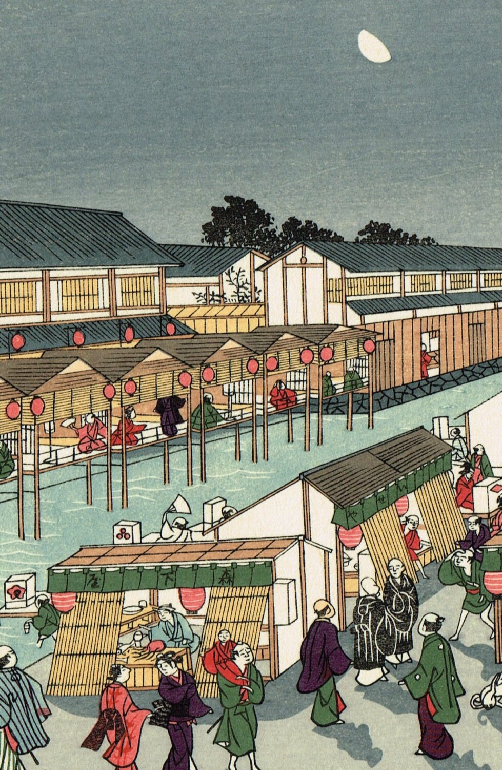 Japanese Ukiyo-e Woodblock print, Utagawa Toyoharu, "Shijo Kawaramachi"