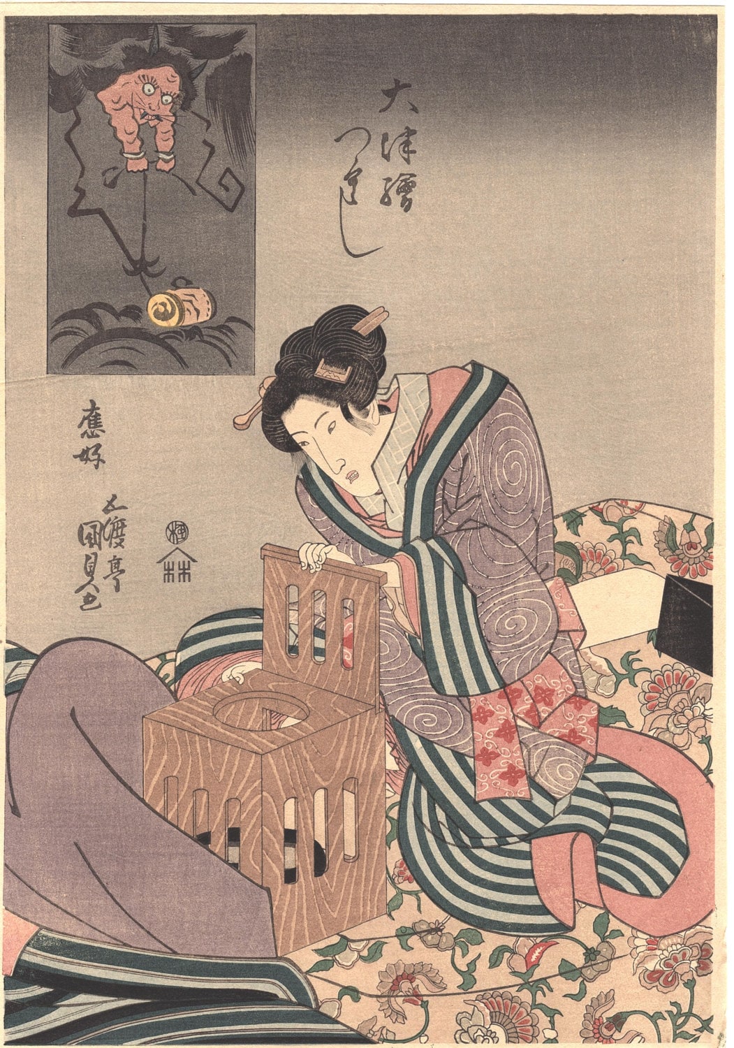 Japanese Ukiyo-e Woodblock print, Kunisada, "Otsu-e Mitate Bijin"