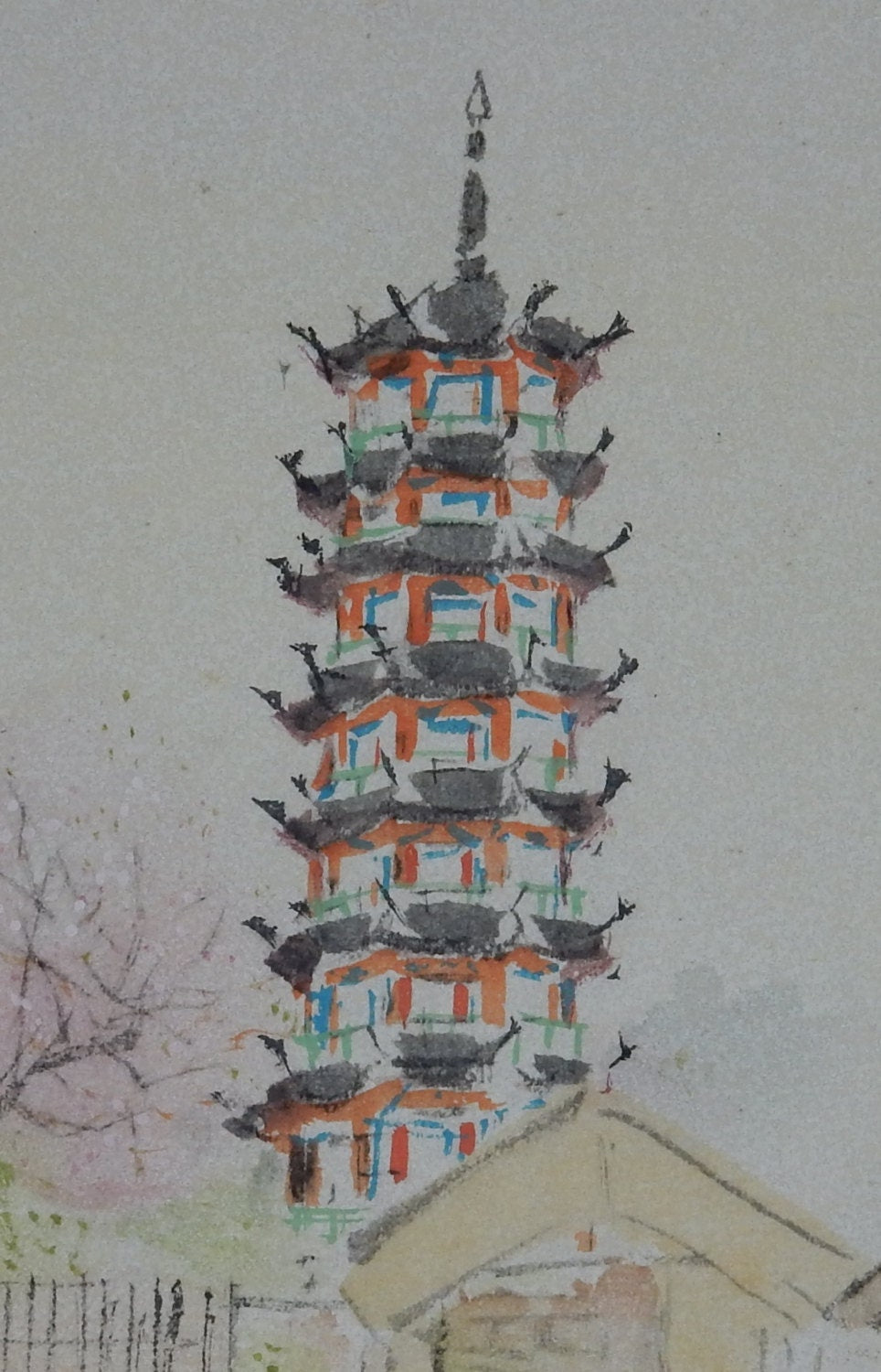 1936, Japanese antique print, Takeuchi Seihō, " Longhua Temple, Jiāngnán"