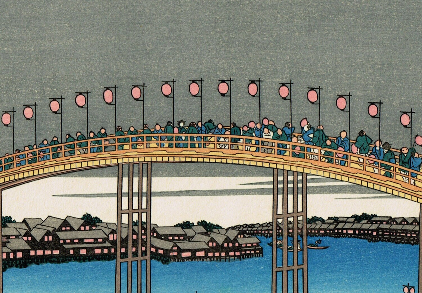 Japanese Ukiyo-e Woodblock print, Hokusai, "The Tenman Bridge in Settsu Province"