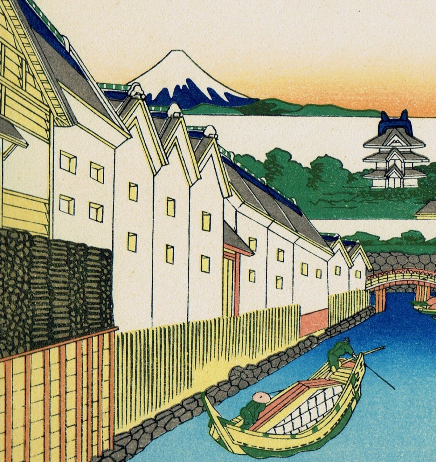 Japanese Ukiyo-e Woodblock print, Katsushika Hokusai, "Nihonbashi bridge in Edo, from the series Thirty-six Views of Mount Fuji"