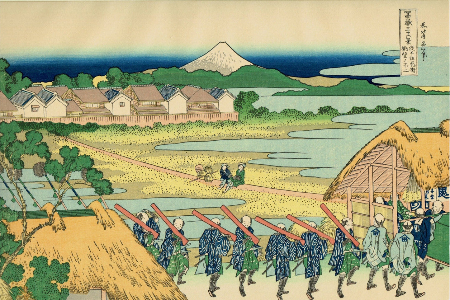 Japanese Ukiyo-e Woodblock print, Katsushika Hokusai, "Pleasure District at Senju, from the series Thirty-six Views of Mount Fuji"