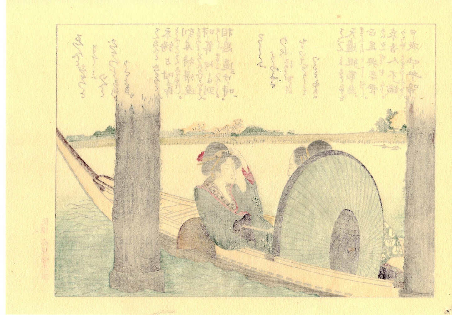 Japanese Ukiyoe, Woodblock print, Katsushika Hokusai, "The belles on boating under a bridge"