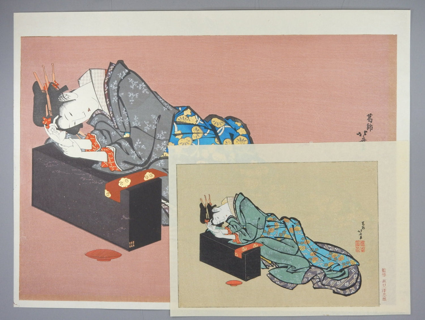 Large size, Japanese Ukiyoe, Woodblock print, Katsushika Hokusai, "A pensive looking tipsy bell"