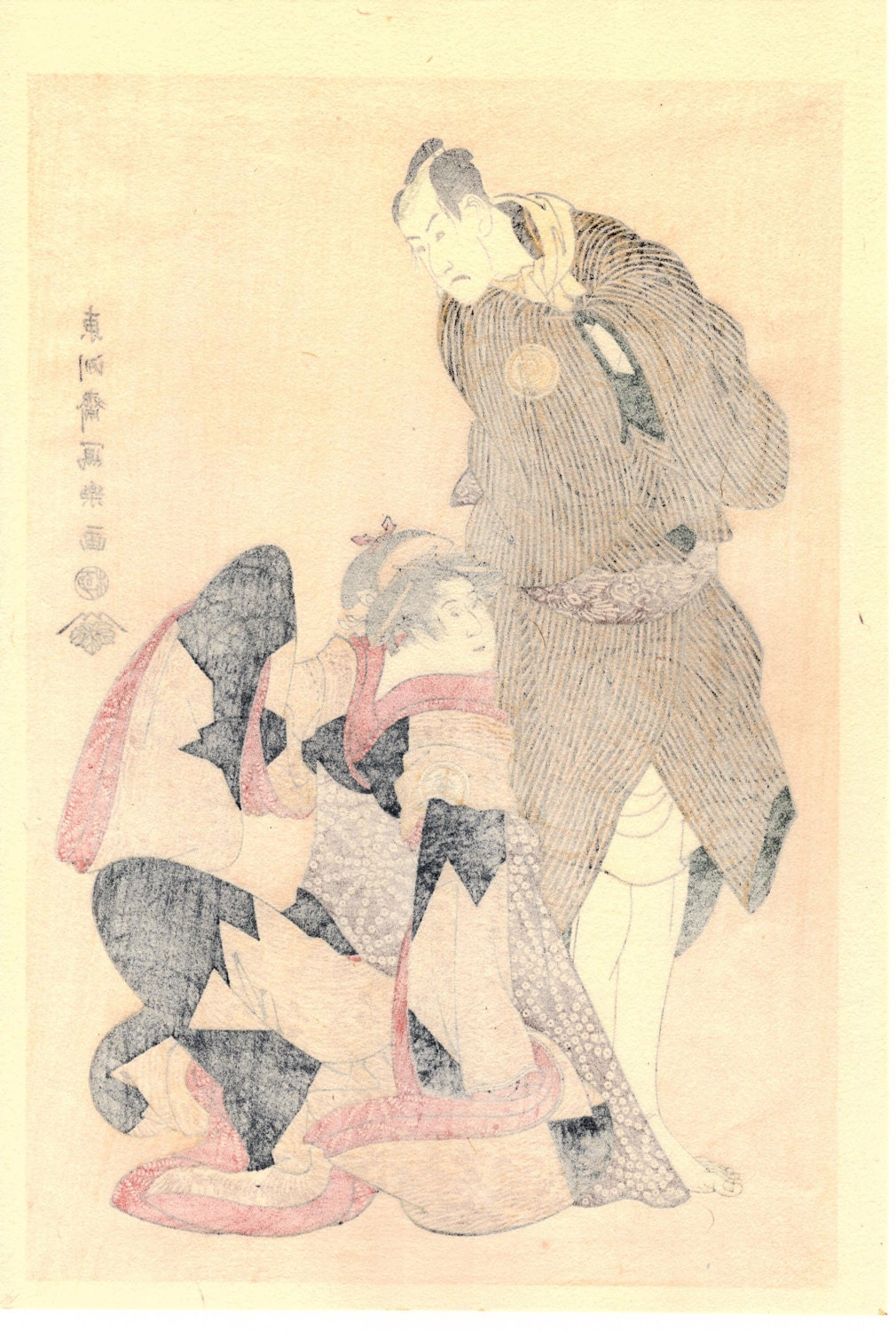 Japanese Ukiyo-e Woodblock print, Sharaku, "Bando Hikosaburo 3 as Obiya Choemon & Iwai Hanshiro 4 as Shinanoya Ohan"