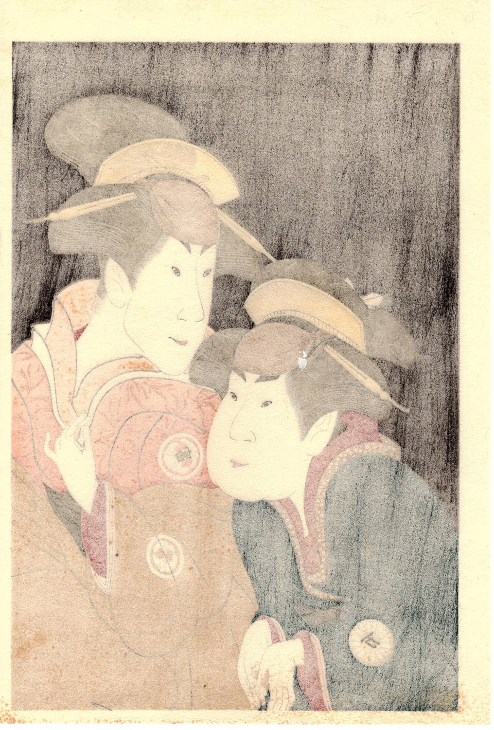 Japanese Ukiyo-e Woodblock print, Sharaku, "Segawa Tomisaburo II as Yadorigi, Wife of Ogishi Kurando, Nakamura Man'yo as the Maid Wakakusa"