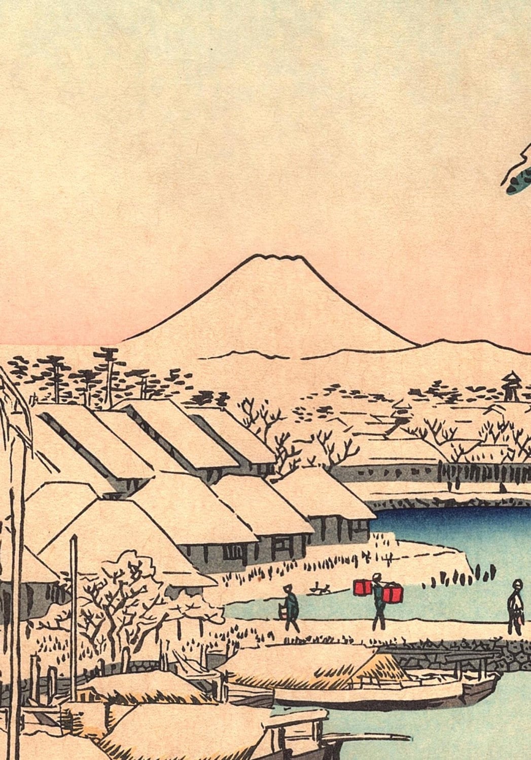 Woodblock print, Japanese Ukiyoe, Hiroshige, "Riverbank at Sukiya in Edo", Thirty-six Views of Mount Fuji .