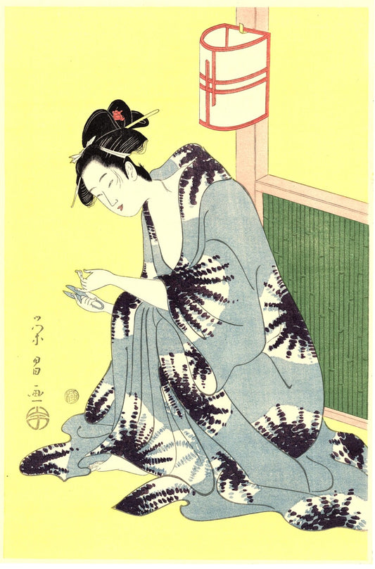 Japanese Ukiyo-e Woodblock print, Eisho, "Beauty After Bath"