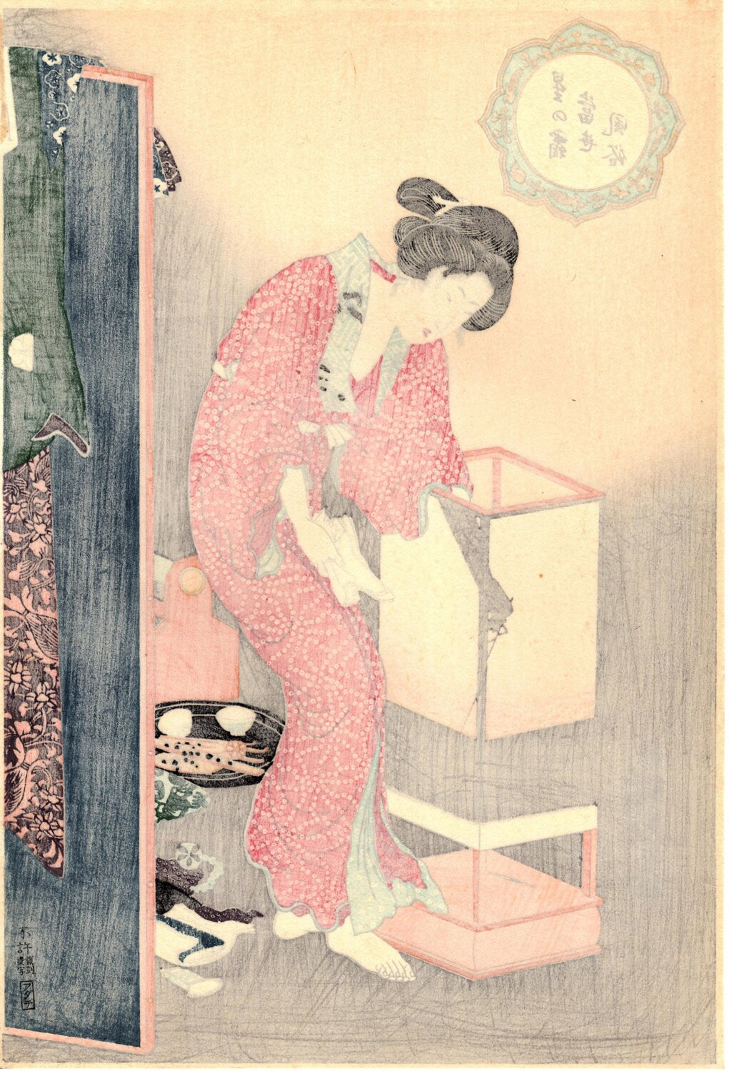 Japanese Ukiyo-e Woodblock print, Kunisada, "Courtesan Timming a Lamp"