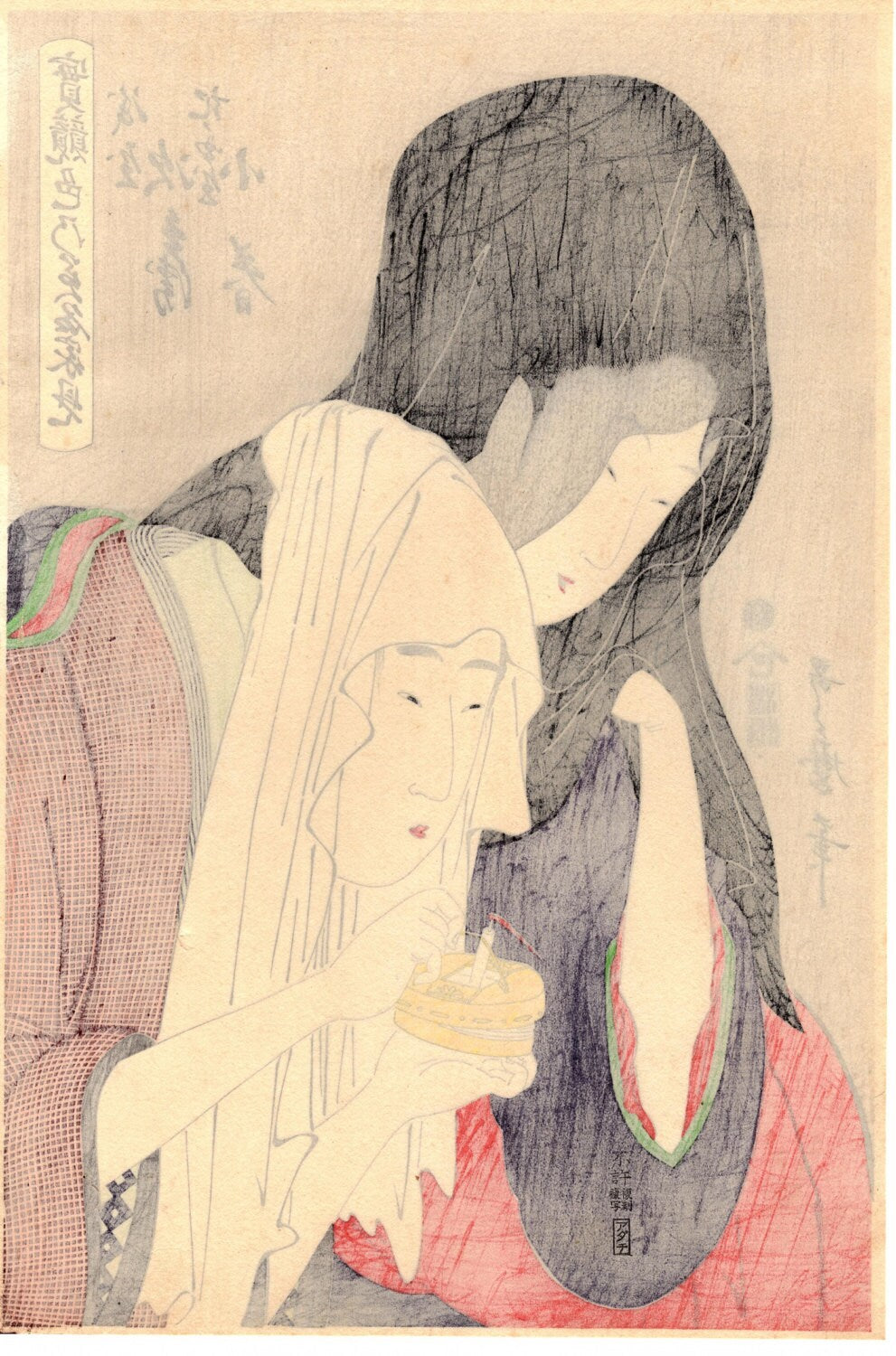 Japanese Ukiyo-e Woodblock print, Utamaro, "Kamiya Jihei and Kinokuniya Koharu"