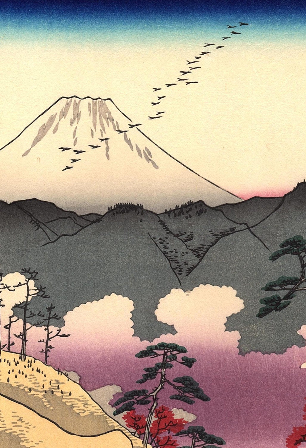 Woodblock print, Japanese Ukiyoe, Hiroshige, "Inume Pass in Kai Province", Thirty-six Views of Mount Fuji .