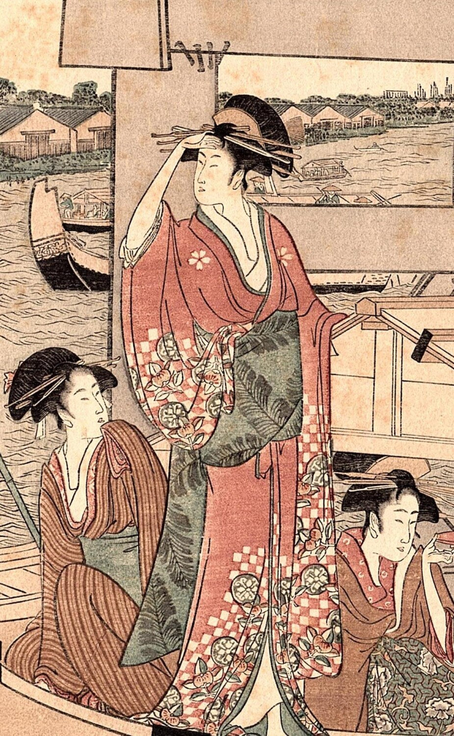 1923, Japanese vintage Woodblock print, Utamaro "Enjoying the Cool at the Ryogoku Bridge"