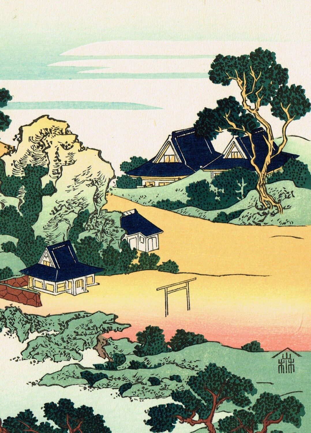 Japanese Ukiyo-e Woodblock print, Hokusai, "Sunset Glow at Jungai"