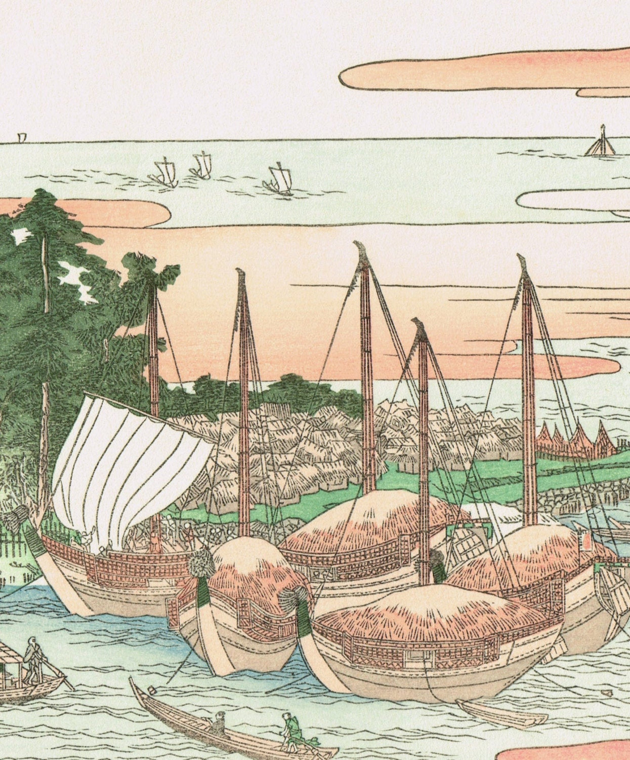 Japanese Ukiyo-e Woodblock print, Utagawa Toyohiro, "Returning Sails at Tsukudajima"